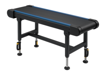 Modular conveyor belt system with adjustable height and width for a packaging facility.