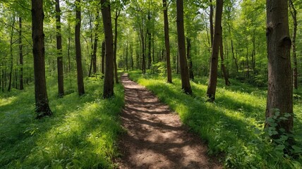 Fototapeta premium Serene forest path surrounded by lush greenery and majestic trees, offering a tranquil escape into nature.