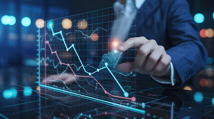 Businessman analyzing financial data on a futuristic holographic display