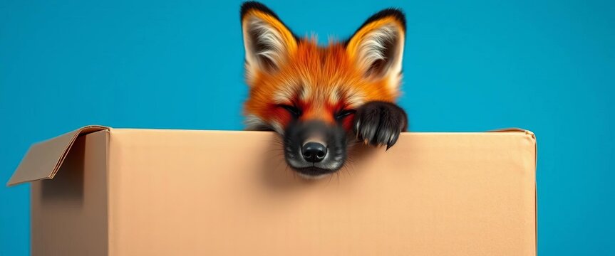 Red fox paws gripping cardboard box edge, peeking over, blue background, paws, face