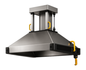 High-efficiency extraction hood with a wide capture area and adjustable height for robotic welding cells