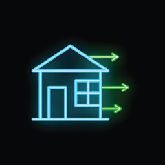 Neon sign representing a house with green arrows pointing at it, perfect for representing the real estate market