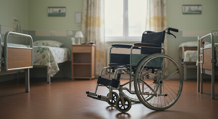 Empty wheelchair in a quiet nursing home room.