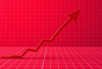 Red arrow pointing up on a red gradient grid background showing financial profit growth,  data,  income