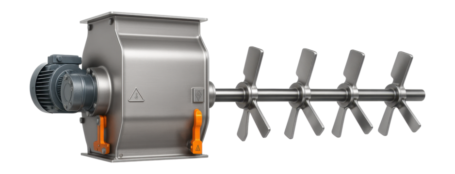 Paddle mixer with a long horizontal shaft and adjustable paddles for blending wet and dry materials in an animal feed factory