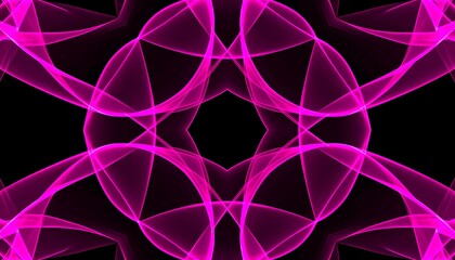 A vibrant, symmetrical design features swirling, translucent pink lines against a deep black background.