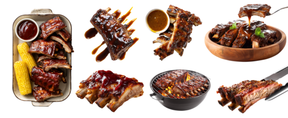 Set of sparerib Baby back spare side ribs pork meat, barbecue BBQ sauce, grilled smoked braise, sliced slab, tong, grill, oven pan, wooden bowl, isolated transparent cutout PNG. Mockup for design