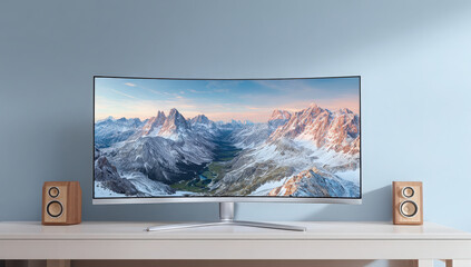 Fototapeta premium Captivating shot of a modern curved computer monitor showcasing breathtaking mountain landscape.