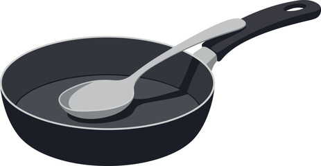 A black frying pan with a silver slotted spoon resting inside isolated on a white background ready for cooking