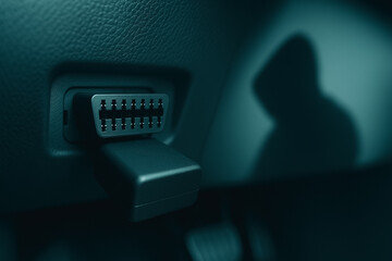 OBD Port Diagnostics: An up-close view showcases an OBD port, revealing the core technology behind vehicle diagnostics, set against a shadowed, sleek interior.