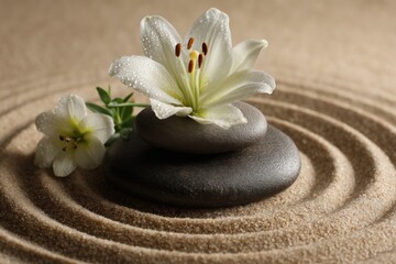 Zen Garden Still Life Close Up of Lily Flower on Stacked Stones in Sand with Raked Pattern for Meditation and Relaxation