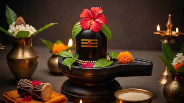 Shiva Lingam Decorated with Flowers and Offerings in a Warmly Lit Spiritual Arrangement Displaying Hindu Religious Traditions and Cultural Symbols