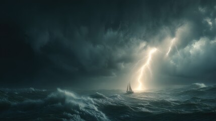 Sailboat navigates stormy ocean under dramatic lightning strike wide angle seascape photography weather event adventure