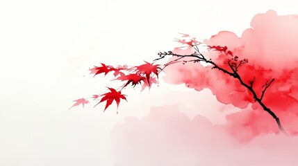Painting of a tree with red leaves and a white background. The red leaves are falling from the tree, and the tree is surrounded by a cloudy sky. The painting has a serene and peaceful mood