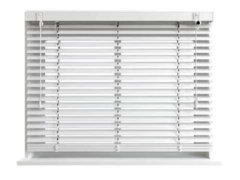 Clean white venetian blinds with horizontal slats and tilt rod isolated on transparent background