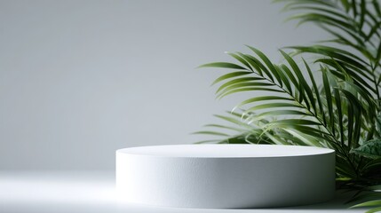 White podium display stands among tropical leaves, perfect for showcasing products
