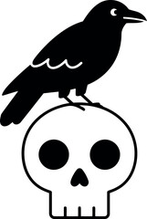 A stark black silhouette of a raven perched atop a stylized white skull against a clean white background