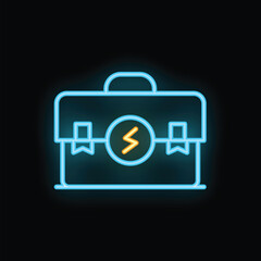 Glowing blue neon briefcase with a lightning bolt symbol, perfect for representing electrician services