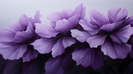 Painting of purple flowers with a blue background. The flowers are arranged in a way that they seem to be reaching towards the viewer. The painting has a calming and peaceful mood