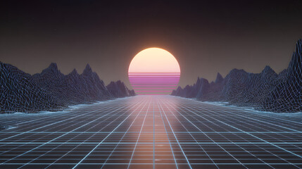 Retro futuristic synthwave wireframe background 3d rendering of 1980s