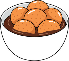 A white bowl overflowing with delicious golden brown fried dough balls submerged in rich dark chocolate sauce a sweet treat
