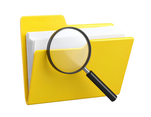 Yellow file folder with magnifying glass on top, document search icon concept, isolated on transparent background.