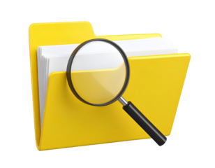Yellow file folder with magnifying glass on top, document search icon concept, isolated on transparent background.