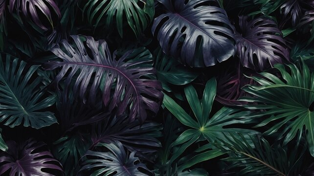 A vibrant collection of tropical leaves in deep greens and purples creates a lush, exotic atmosphere.