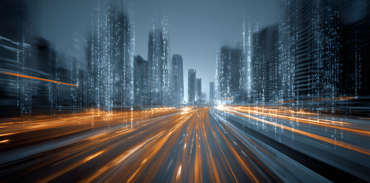 A visualization depicting an abstract highway through digital binary structures in an urban setting, incorporating ideas of big data, machine learning, stock market, hyper loops, virtual reality, and