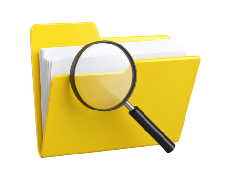 Yellow file folder with magnifying glass on top, document search icon concept, isolated on transparent background.