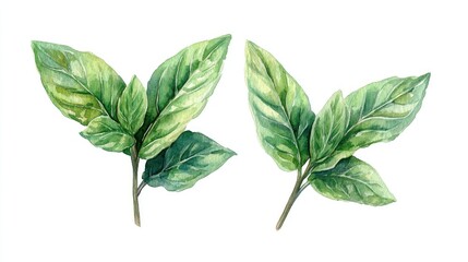 Obraz premium Two sprigs of vibrant green basil leaves, rendered in a delicate watercolor style, set against a pure white background.