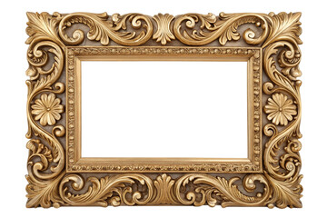 Elegant vintage gold frame with ornate baroque carvings, isolated on a white background.