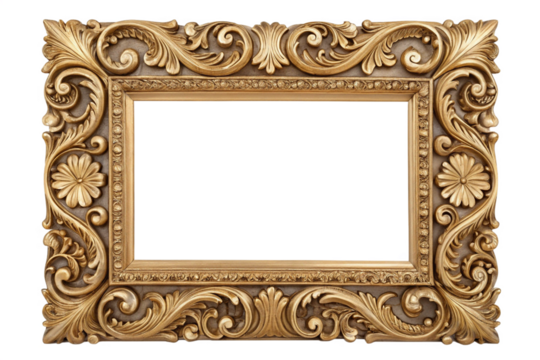 Elegant vintage gold frame with ornate baroque carvings, isolated on a white background. - Powered by Adobe