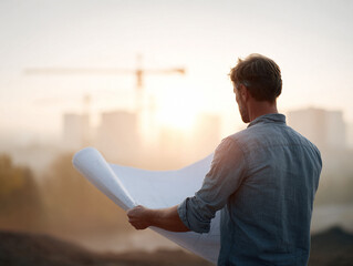 Contemplative man viewing blueprints against a sunrise building site. Symbolizes planning, construction, architecture, and engineering progress. Ideal for project vision.