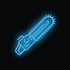 Blue neon icon of a chainsaw glowing on a black background