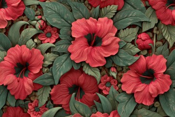 A detailed artistic design showcasing a vibrant array of red hibiscus flowers and lush greenery, emphasizing intricate textures and patterns.