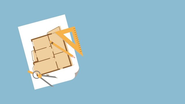 Architectural blueprint with drafting tools on blue background