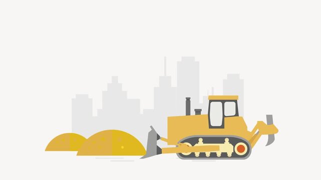 Yellow Bulldozer in Construction Site with Cityscape