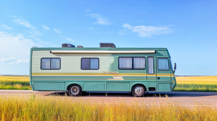 Retro styled RV camper on the highway countryside