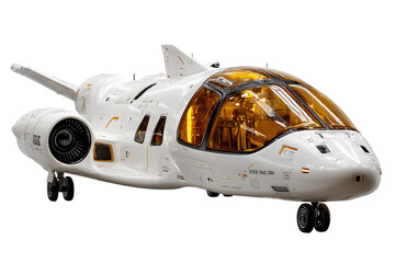 Obraz premium Sleek futuristic white aircraft with golden cockpit windows and jet engine, ready for advanced travel.