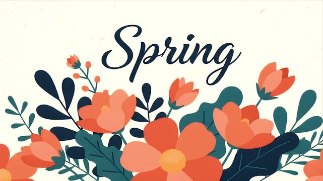 Beautiful Spring Season Nature Illustration with Stylized Orange Flowers and Dark Green Leaves on a Light Background Ideal for Seasonal Themes and Designs