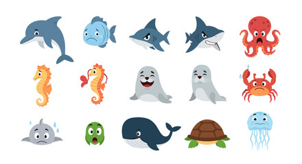 Various cartoon sea animals displaying different emotions such as sadness and happiness in a group of images