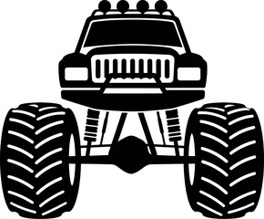 Front view silhouette of a powerful monster truck with oversized tires and off road suspension lifted high © Your Vectors