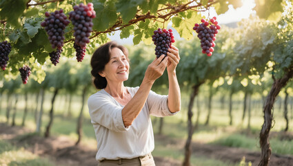 Woman harvesting ripe grapes in vineyard at sunset, smiling and holding bunch of fruit. Natural agriculture scene.
