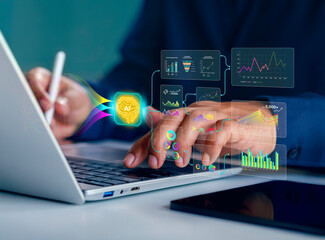 AI data analytics dashboard, business data insights, AI-powered data analysis dashboard, business strategy, Analyst or Scientist uses a computer and dashboard for analysis of information development