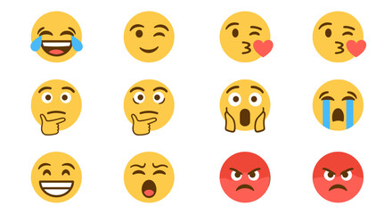 A collection of twelve yellow emojis displaying various expressions and emotional states in a grid pattern