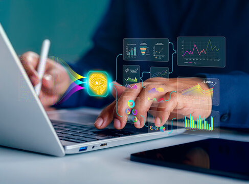 AI data analytics dashboard, business data insights, AI-powered data analysis dashboard, business strategy, Analyst or Scientist uses a computer and dashboard for analysis of information development