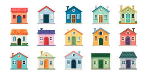 Fototapeta premium A set of colorful icons featuring houses in a flat design, each house with a different color and shape, arranged neatly on the canvas. The icons are designed to be simple yet appealing, suitable