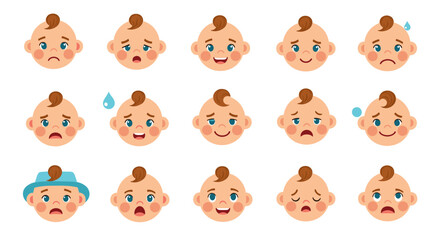 Obraz premium Baby face expressions showing different emotions such as happy sad angry and surprised isolated on white