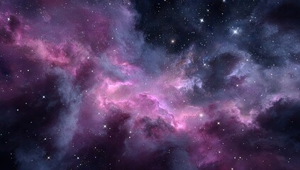 Naklejka premium Deep space nebula, swirling hues of violet and pink, dotted with stars